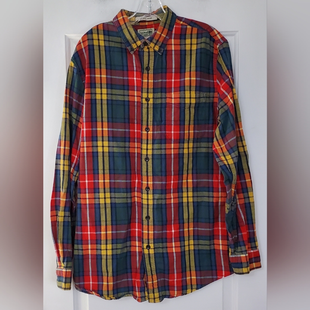 LL Bean Mens Scotch Plaid Slightly Fitted Flannel Shirt - Size M Tall - EUC